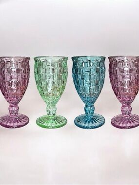 Assorted Colored Pressed Glass Goblets - Pink, Green & Blue Set of 4